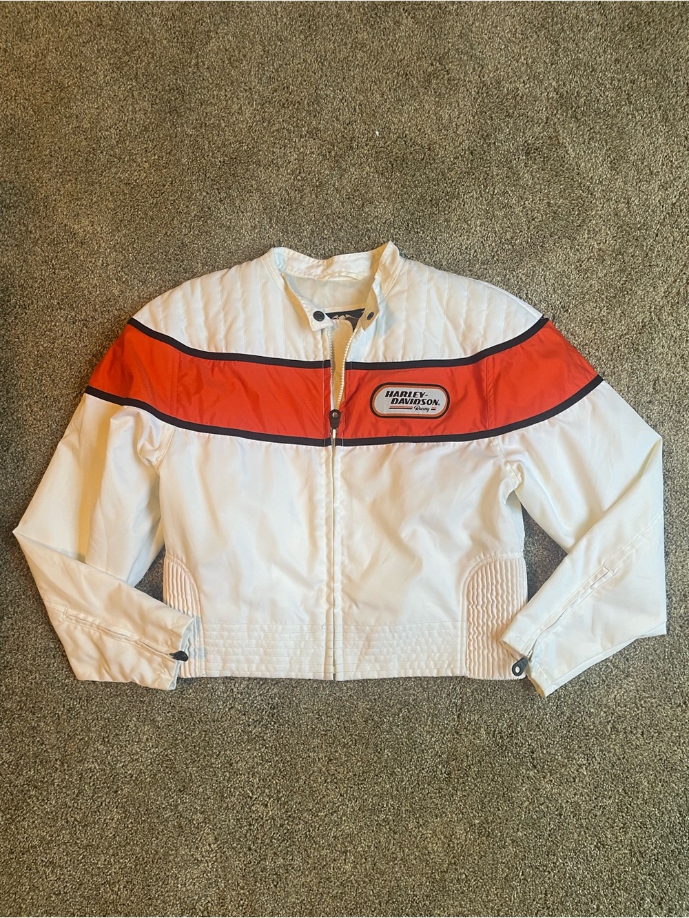 Vintage Harley-Davidson Women’s White and Orange Bomber Jacket